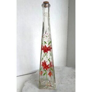 Hand Painted Glass Decanter Vase With Red Floral Design & Cork Lid